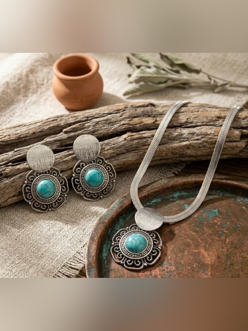 Western 3 piece Set Turquoise Pendant Necklace and Earring Set